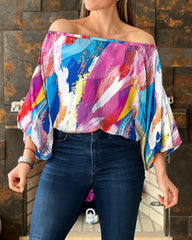 Off Shoulder Ruffle Sleeves Random Print Loose Blouse Top