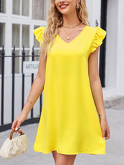 Women's Dresses V Neck Puff Sleeve Loose Fashion Mini Dress