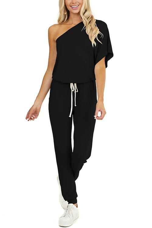 One Shoulder Drawstring Jumpsuits