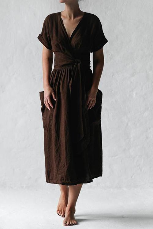 Pockets V Neck Kimono Dress