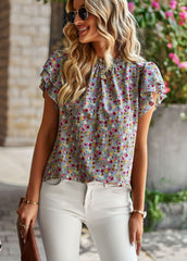 Casual Short Ruffled Sleeves O-Neck Printed Blouse Top
