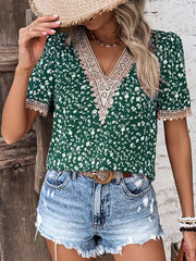 Women's T-Shirts Fashion Floral Print Lace Collar Short Sleeve T-Shirt