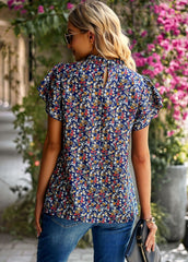 Casual Short Ruffled Sleeves O-Neck Printed Blouse Top