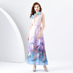 Bohemian Vacation Floral Patchwork Oblique Collar Beach Dress Dresses