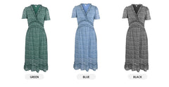 V-Neck Short Sleeves Printed Chiffon Midi Dress