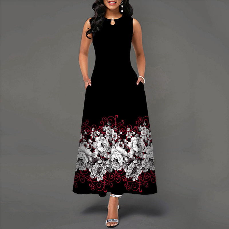 Sleeveless Flower Print Pleated Flared Round Neck Maxi Dress