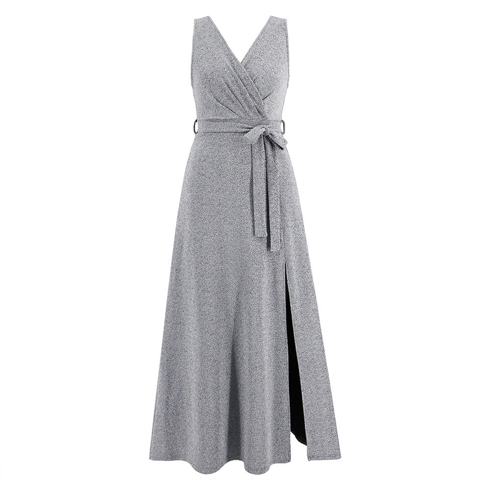 V-Neck Sleeveless Solid Color High Slit Belted Maxi Dress