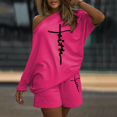 Casual 2 Piece One Shoulder Top Shor Pants Set