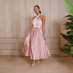Gina Satin Halter Neck Pleated Midi Dress