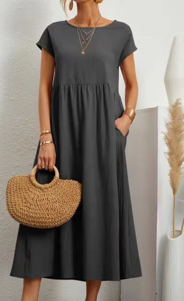 Casual 3/4 Sleeve Round Neck Pleated Maxi Dress
