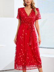 Women's Dresses Slim Temperament Embroidery V Neck Sequined Midi Dress