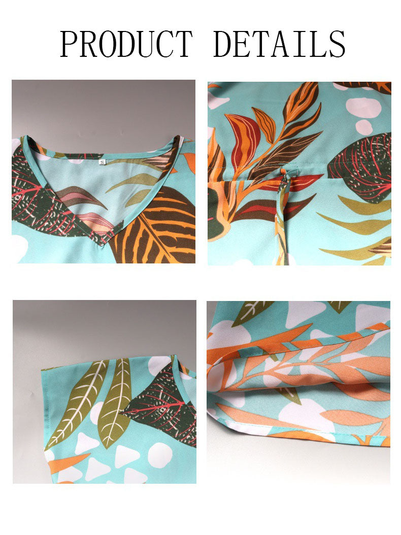 Short Sleeve V-Neck Waisted Leaves Print Mini Dress