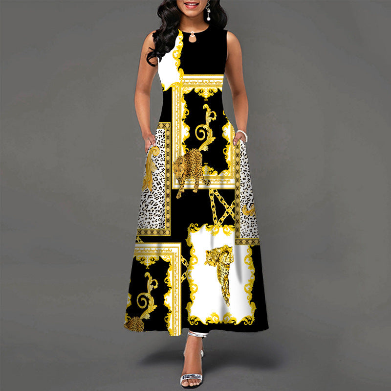 Sleeveless Flower Print Pleated Flared Round Neck Maxi Dress