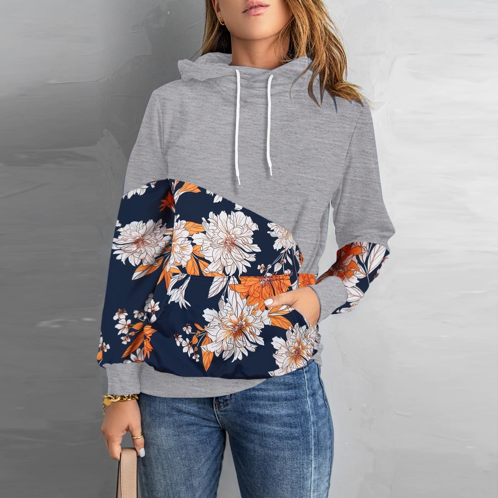 O-Neck Long Sleeve Floral Print Drawstring Sweatshirt