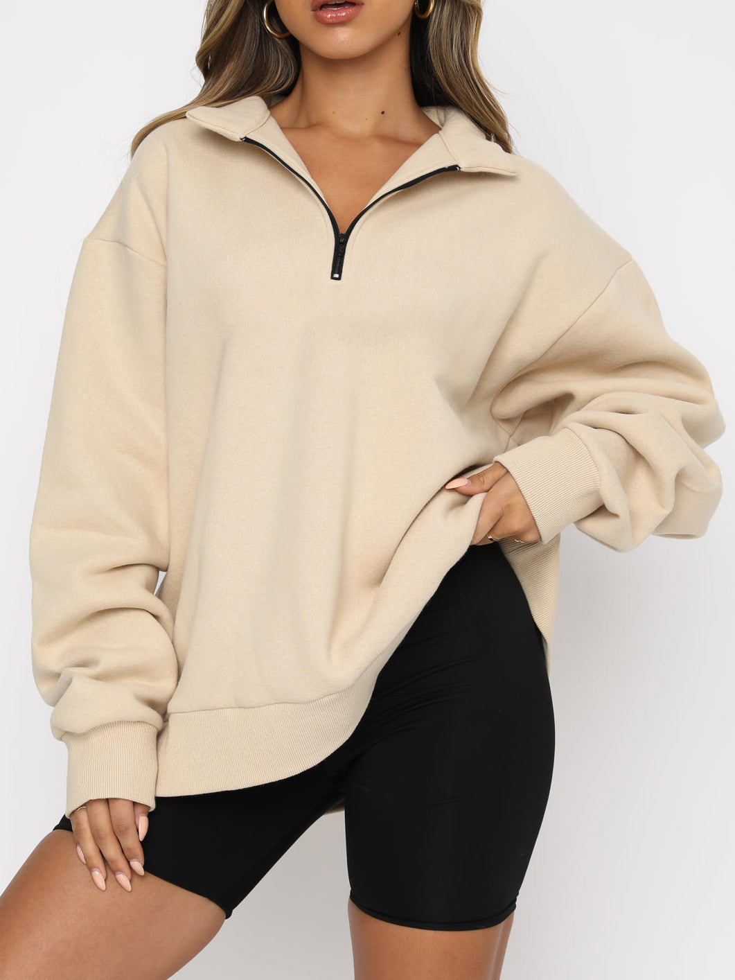 Zip Up Collar Loose Solid Color Sweatshirt Pullover