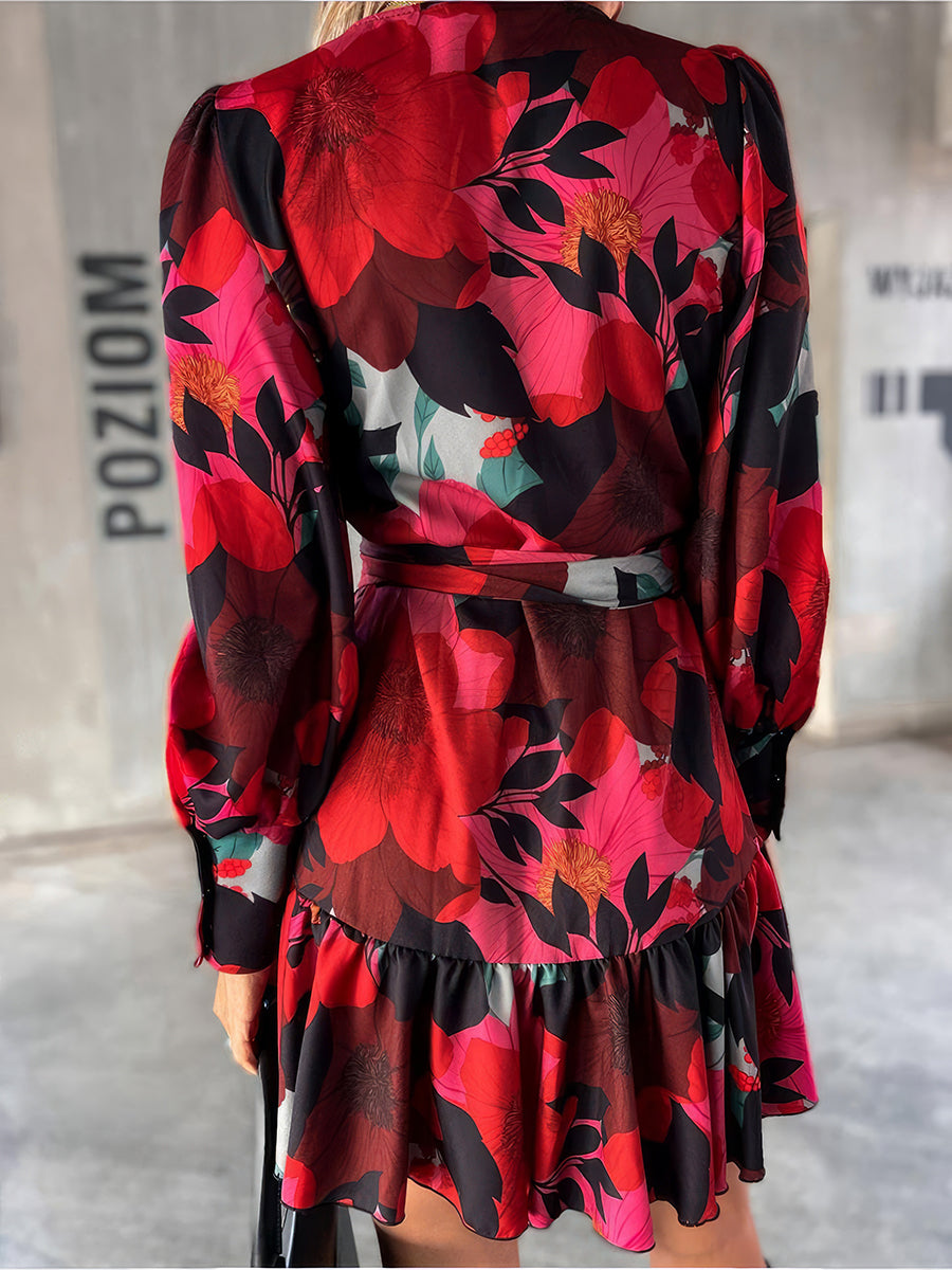 Women's Dresses Printed Waist Strap V Neck Long Sleeved Mini Dress