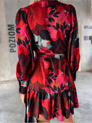 Women's Dresses Printed Waist Strap V Neck Long Sleeved Mini Dress