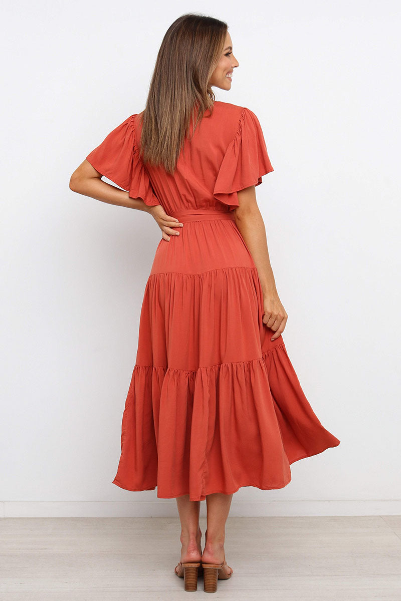 V Neck Tie Waist Short Sleeve Maxi Dress