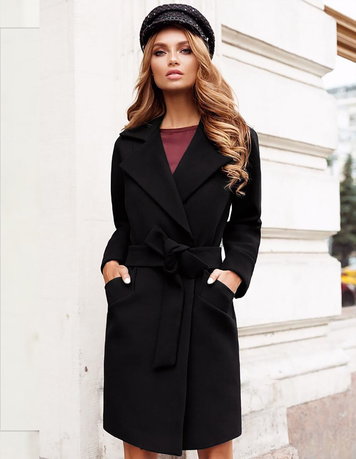 Notched Lapel Collar Belted Wool Blend Coat