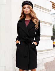Notched Lapel Collar Belted Wool Blend Coat