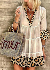Leopard Patchwork V Neck Casual Dress