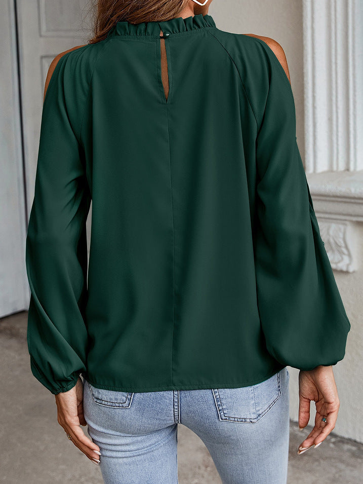 Loose Round Neck Solid Color Cold Shoulder Blouse Top