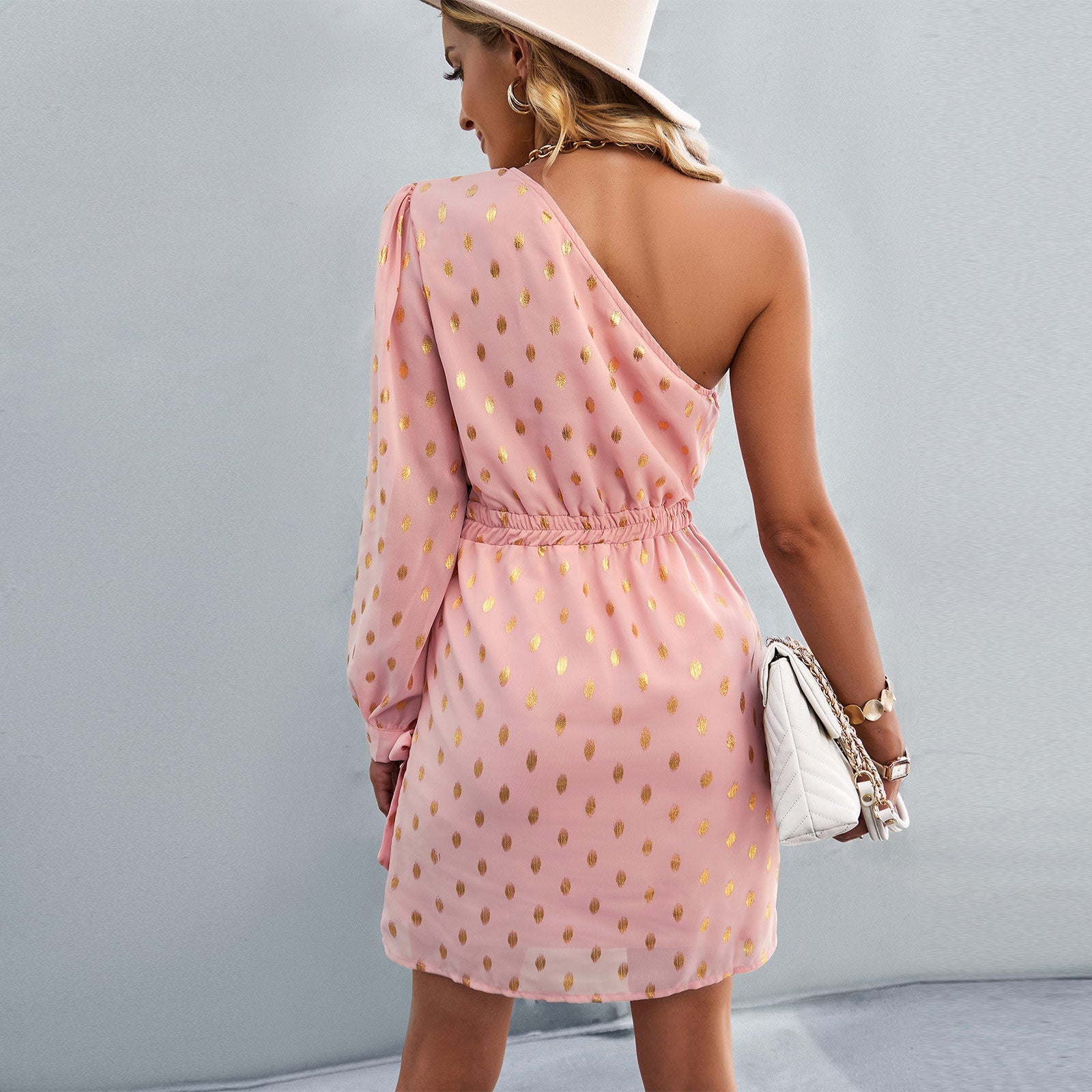 One Off Shoulder Long Sleeve Polka Dot Mini Dress