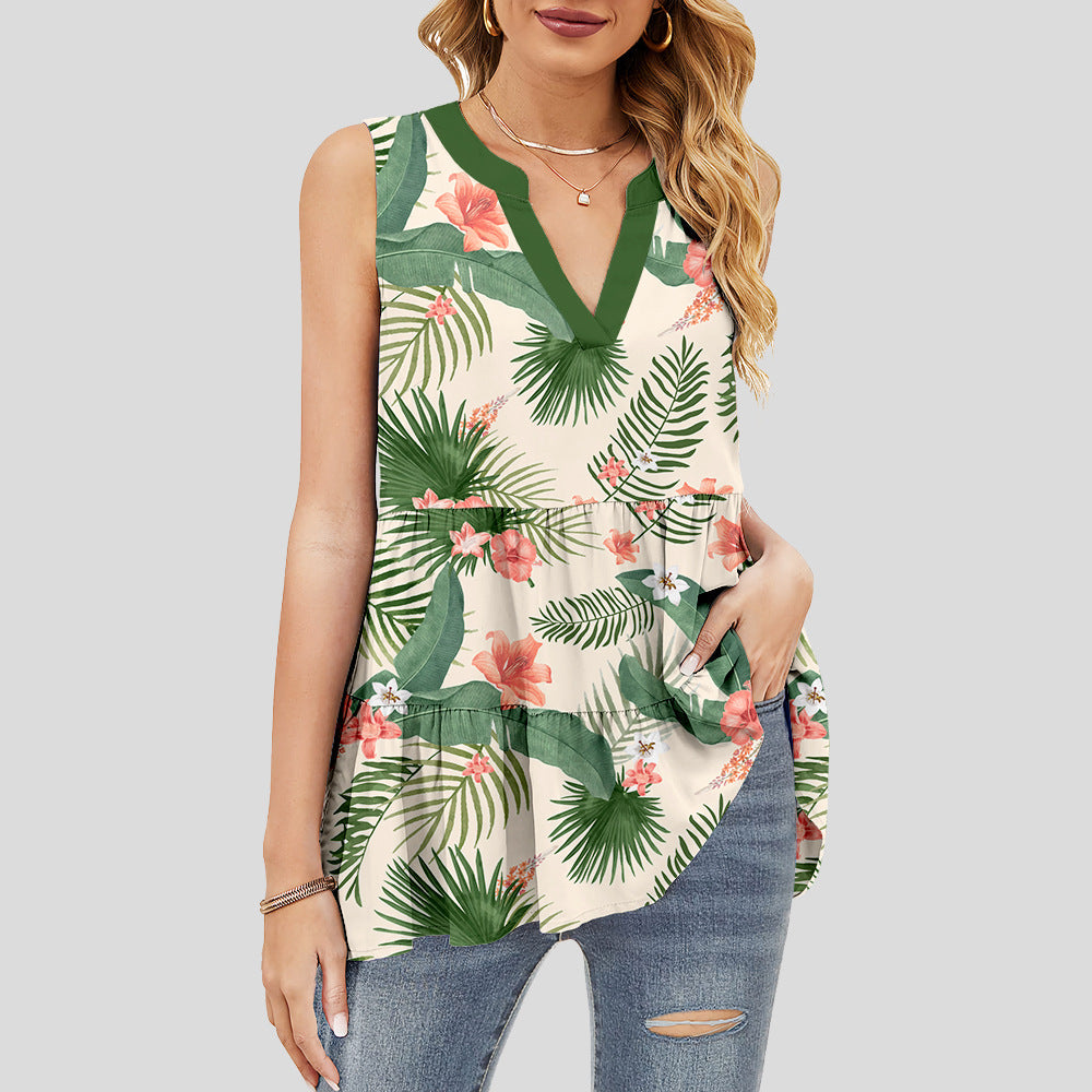 Scoop Neck Sleeveless Flared Printed Blouse Top