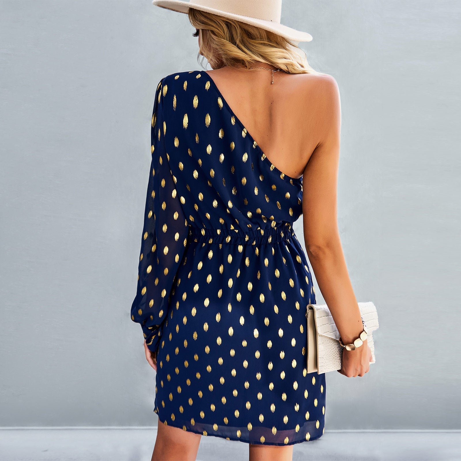 One Off Shoulder Long Sleeve Polka Dot Mini Dress