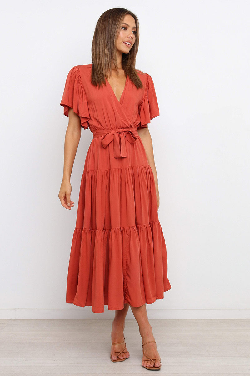 V Neck Tie Waist Short Sleeve Maxi Dress