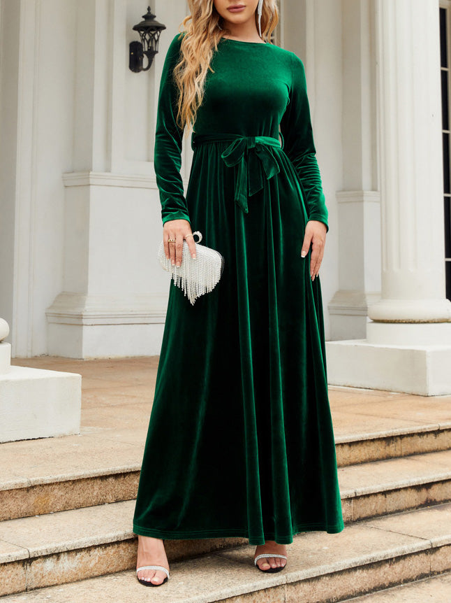 Women's Dresses Solid Gold Velvet Tie-Up Long Sleeve Dress