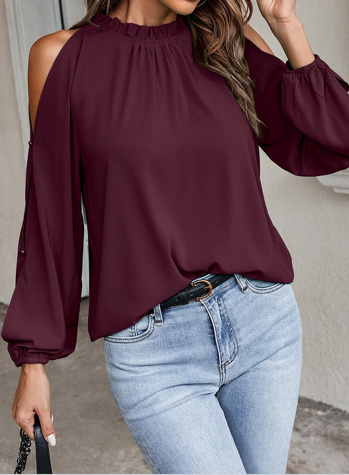 Loose Round Neck Solid Color Cold Shoulder Blouse Top
