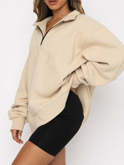 Zip Up Collar Loose Solid Color Sweatshirt Pullover
