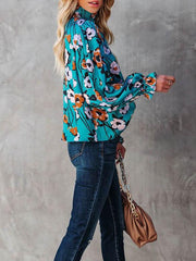 Turtle Neck Casual Long Sleeve Floral Blouse