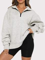 Zip Up Collar Loose Solid Color Sweatshirt Pullover