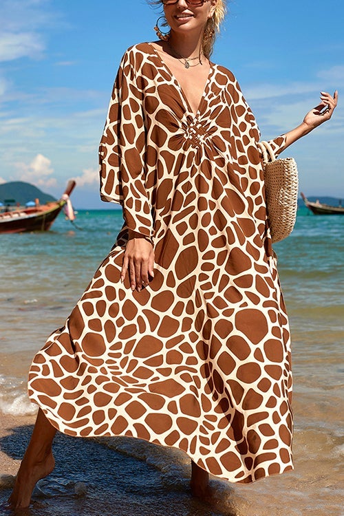 Print V Neck Bat Maxi Dress