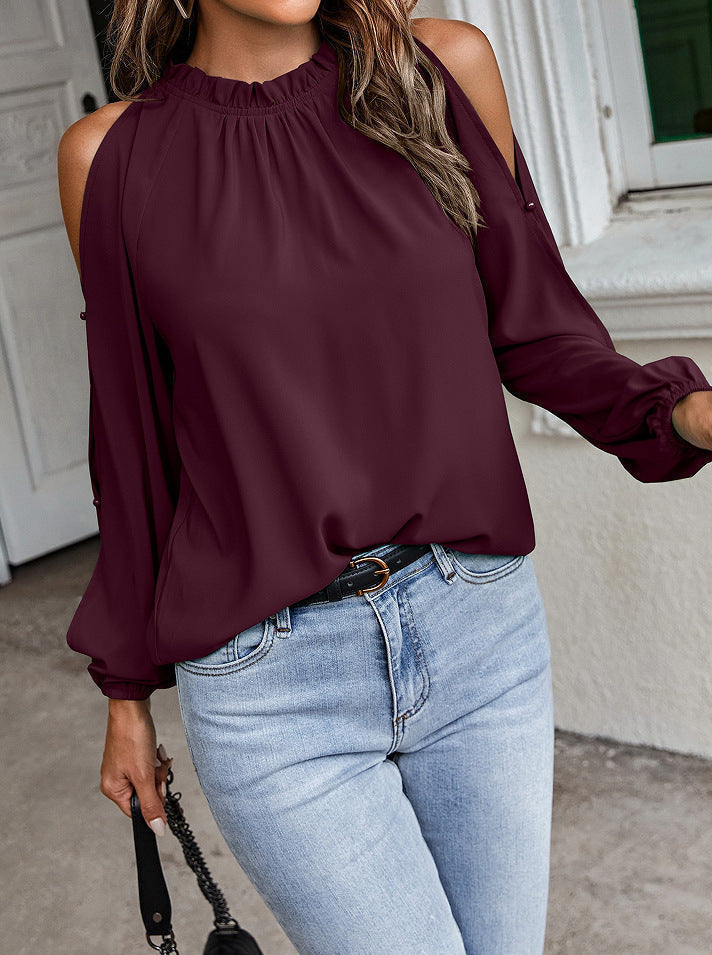 Loose Round Neck Solid Color Cold Shoulder Blouse Top