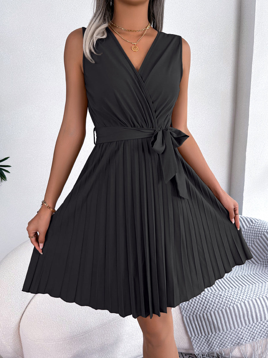 Elegant Cross V-Neck Sleeveless Pleated Waist Mini Dress