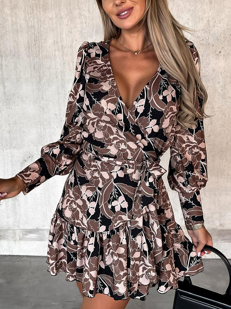 Women's Dresses Printed Waist Strap V Neck Long Sleeved Mini Dress