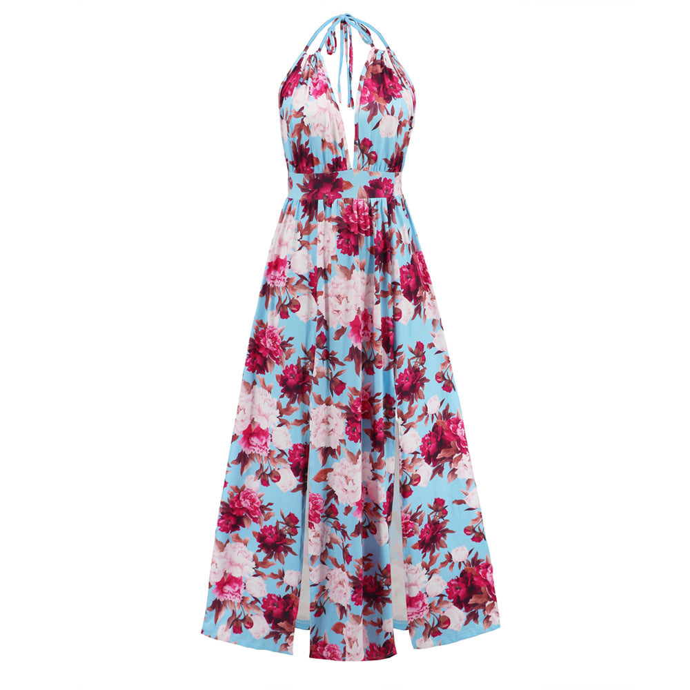 Sleeveless Backless Floral Print High Split Maxi Dress