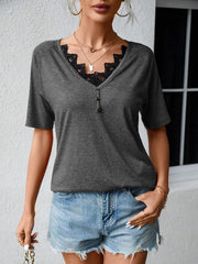 Women's T-Shirts Loose V Neck Lace Short Sleeve T-Shirt