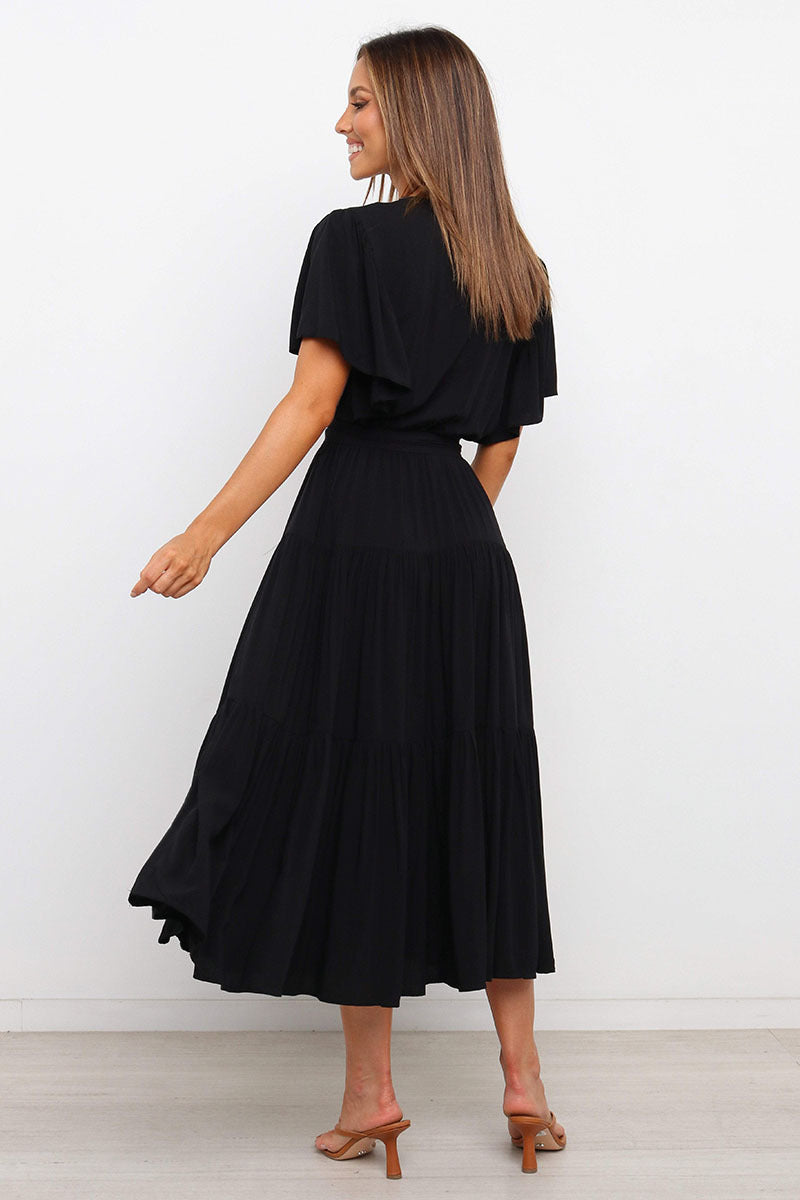 V Neck Tie Waist Short Sleeve Maxi Dress