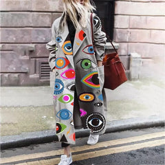 Open Front Loose Printed Long Outerwear