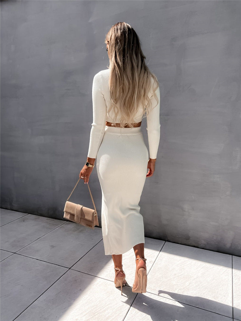 Two Piece Set Long Sleeve Fitted Crop Top and Side Slit Midi Skirt