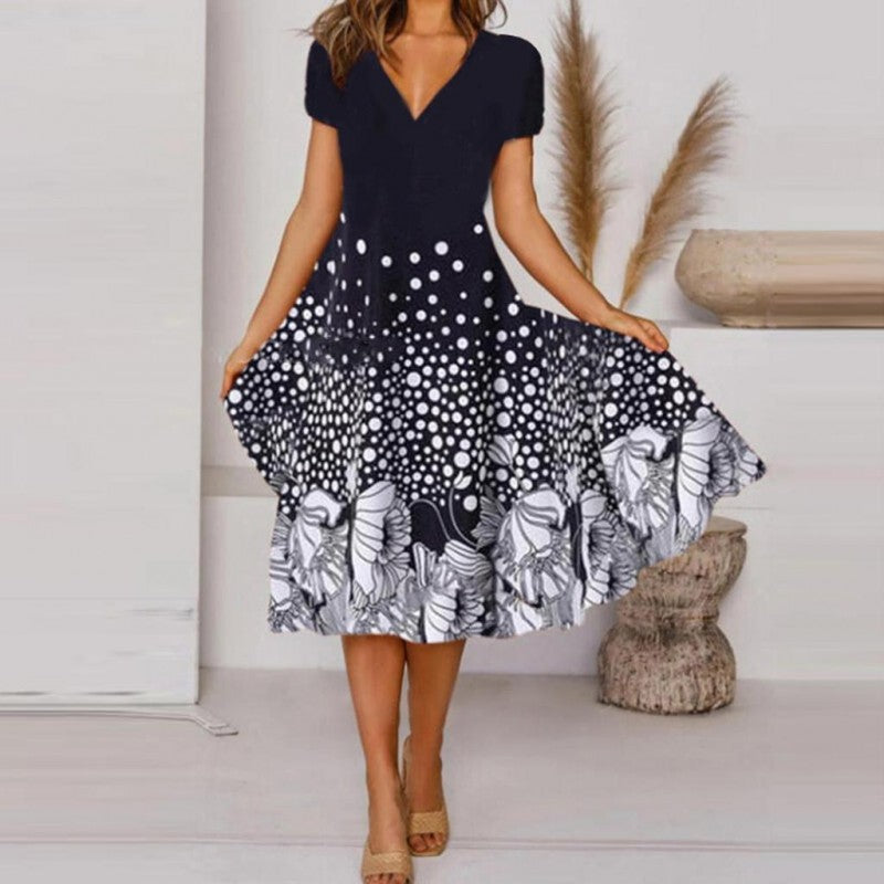 V-Neck Short Sleeve Floral Print Flared Midi Dress