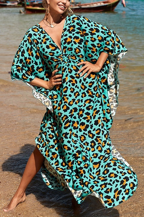 Print V Neck Bat Maxi Dress