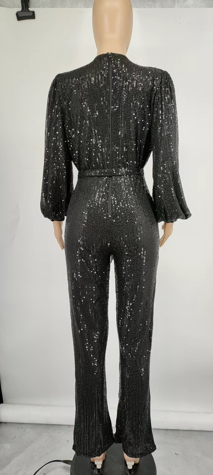 Deep V-Neck Long Sleeve Belted Sequin Jumpsuit