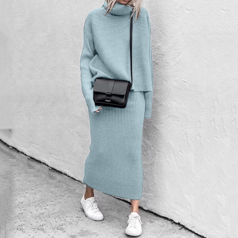 Two Piece Outfit Solid Long Sleeve Turtleneck Knit Jumper and Bodycon Midi Skirt Set