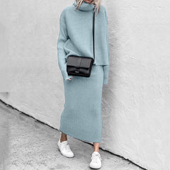 Two Piece Outfit Solid Long Sleeve Turtleneck Knit Jumper and Bodycon Midi Skirt Set