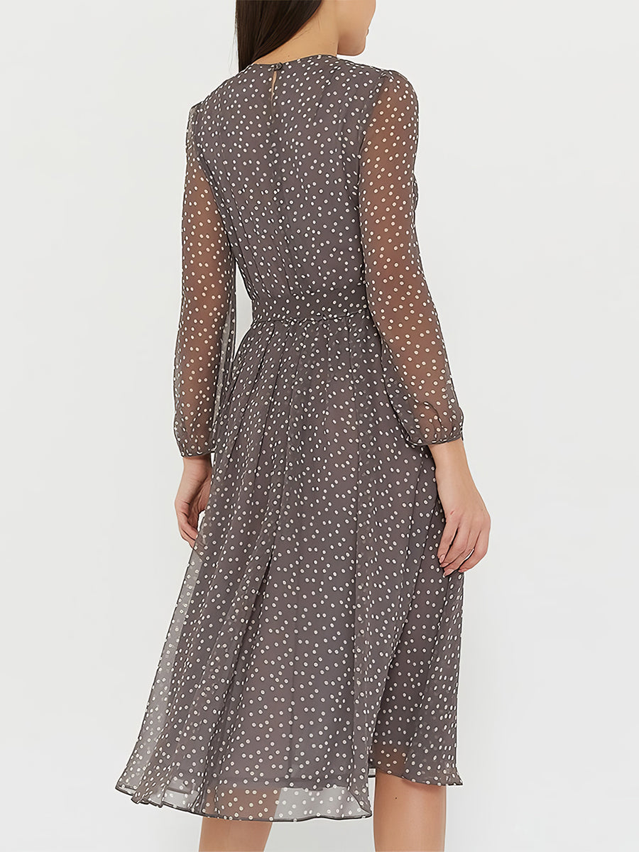 Women's Dresses Retro Chiffon Round Neck Polka Dot Long Sleeve Midi Dress